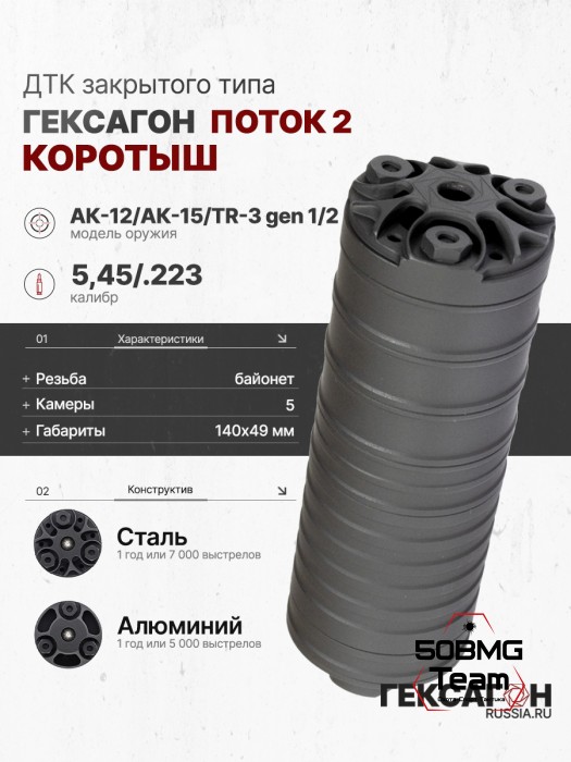 ДТК закрытого типа Гексагон ПОТОК 2 коротыш на АК-12/АК-15/TR-3 gen.1/2 байонет калибр 5,45/.223, 140мм