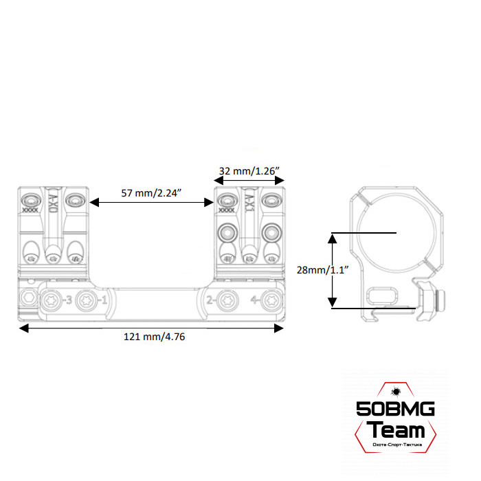 Кронштейн Spuhr SP-4011, кольца 34 мм на Weaver, Picatinny (0 M.O.A., H-28 мм)