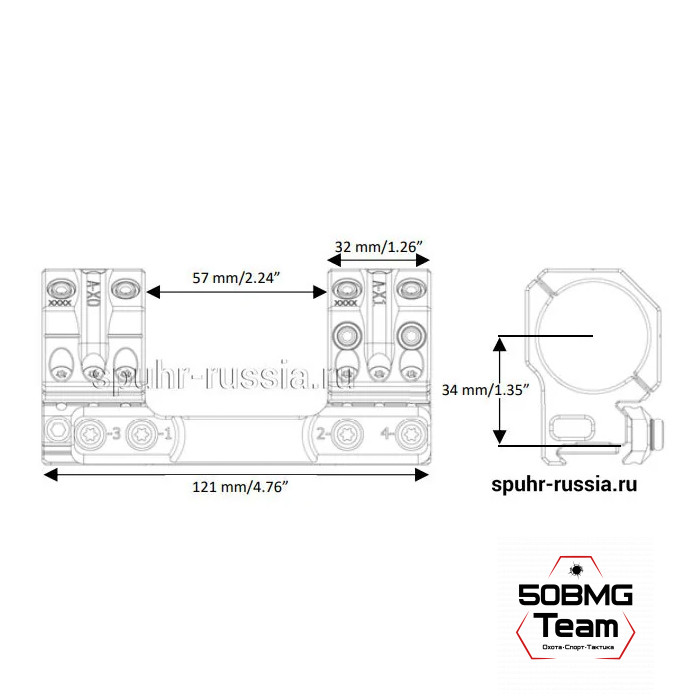 Кронштейн Spuhr SP-4006, кольца 34 мм на Weaver, Picatinny (0 M.O.A.,H-34 мм)