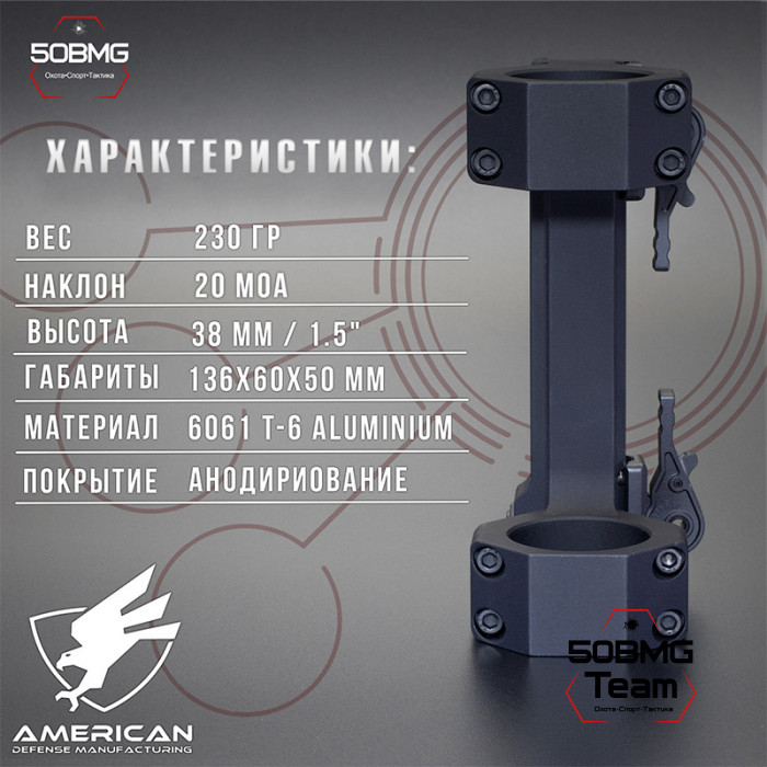 Быстросьемный моноблок на Picatinny American Defense Delta-34-20MOA, кольца 34 мм