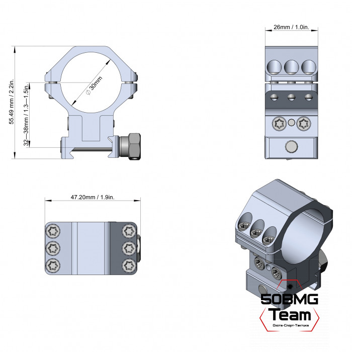 Кольца Vector Optics 30мм, регулируемая высота 32-38мм на Weaver (XASR-3040)