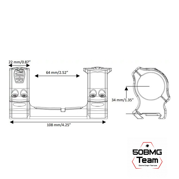 Кронштейн Spuhr SCP-3006 кольца 30мм с одним интерфейсом на Picatinny/Weaver L=118мм Н=34мм