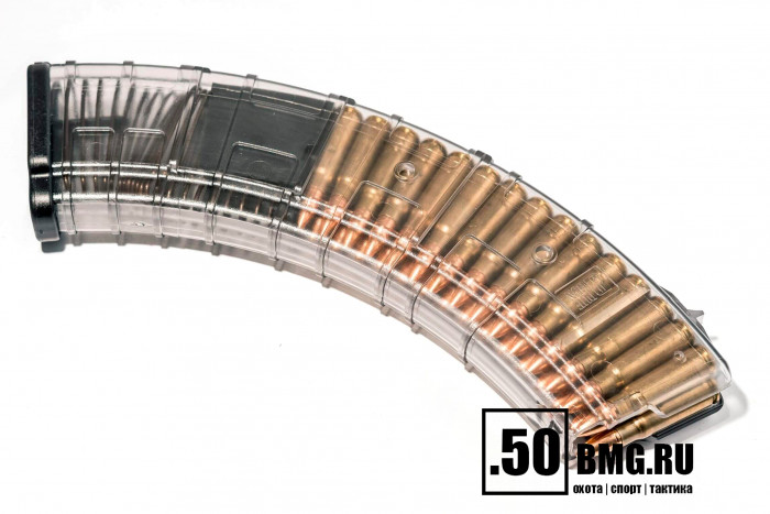 Магазин Pufgun на ВПО-136/АК/АКМ/Сайга (с сухарем) 7,62х39 40 патронов, (возм. укорочения), прозрачный