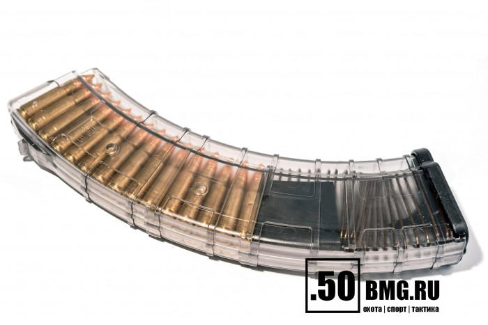 Магазин Pufgun на ВПО-136/АК/АКМ/Сайга (с сухарем) 7,62х39 40 патронов, (возм. укорочения), прозрачный