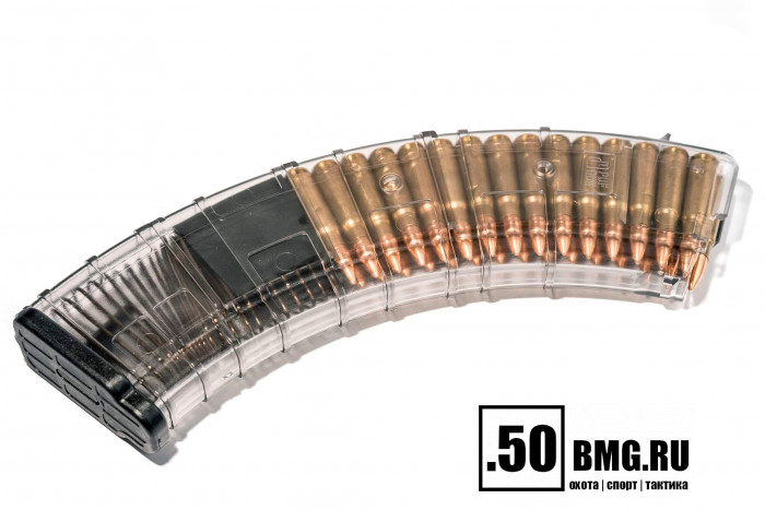 Магазин Pufgun на ВПО-136/АК/АКМ/Сайга (с сухарем) 7,62х39 40 патронов, (возм. укорочения), прозрачный