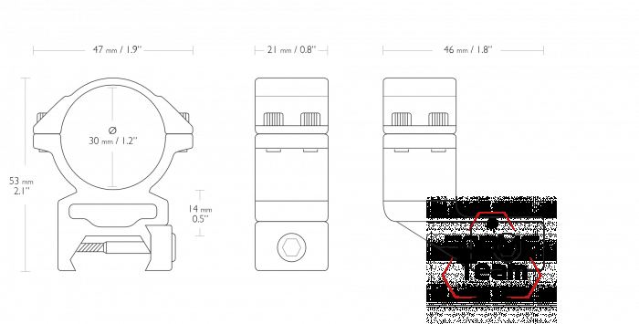 22126 Кольца Hawke 30мм на Weaver высокие KR=46мм ВН=14мм