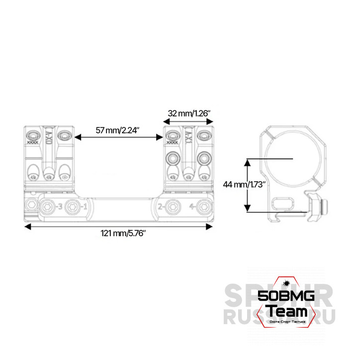 Кронштейн Spuhr SP-41808, кольца 34 мм на Weaver, Picatinny (18Mil/61,8M.O.A.,H-44 мм)