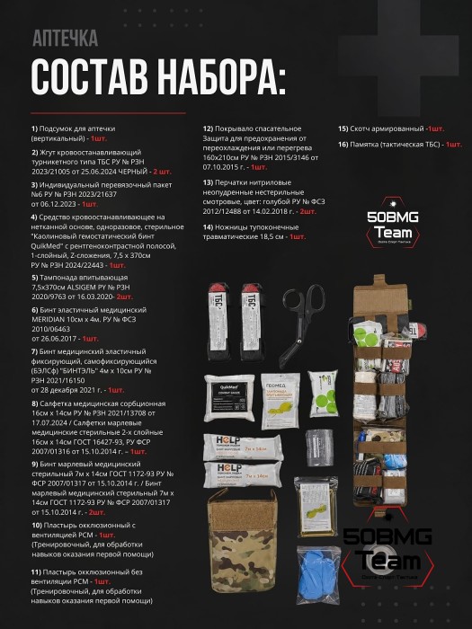 Укомплектованная Тактическая аптечка ТБС 2 эшелона в вертикальном подсумке