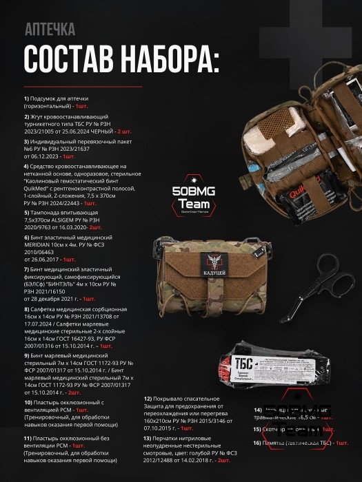 Укомплектованная Тактическая аптечка ТБС 2 эшелона в горизонтальном подсумке 