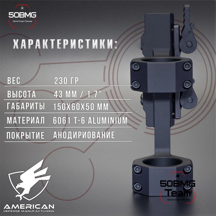 Быстросъёмный моноблок на Picatinny American Defense Delta-С-34-STD, кольца 34 мм с выносом