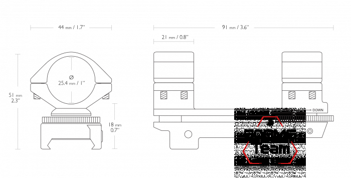 22302 Единое основание Hawke Adjustable кольца 26мм высокие на планку Weaver +/-30 MOA